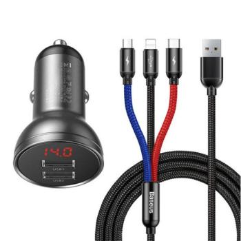 Baseus 2xUSB-A autós töltő LCD kijelzővel + 3in1 töltő kábellel, 4,8A, 24W, fekete kép