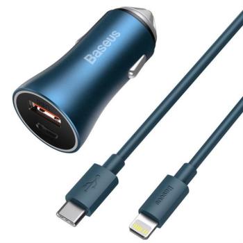 Baseus Arany Kontaktorok Pro gyors autós töltő Type-c USB / USB 40 W Power Delivery 3.0 Quick Charge 4+ SCP FCP AFC + USB Type-c - Lightning kábel kék (TZCCJD-03) kép