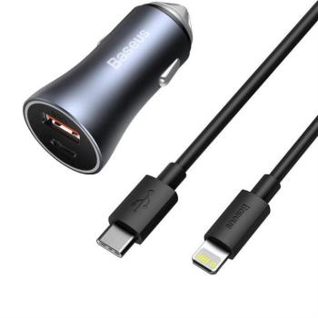 Baseus Arany Kontaktorok Pro gyors autós töltő Type-c USB / USB 40 W Power Delivery 3.0 Quick Charge 4+ SCP FCP AFC + USB Type-c - Lightning kábel szürke (TZCCJD-B0G) kép