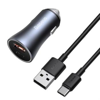 Baseus Arany Kontaktorok Pro gyors autós töltő Type-c USB / USB 40 W Power Delivery 3.0 Quick Charge 4+ SCP FCP AFC + USB - Type-c USB-kábel szürke (TZCCJD-0G) kép