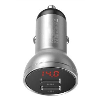 Baseus autós szivargyújtó töltő kijelzővel, 2xUSB, 4.8A, 24W, ezüst kép