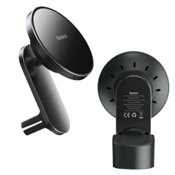 BASEUS autós tartó (szellőzőre, műszerfalra, QI Wireless, 15W, vezeték nélküli töltés, Magsafe rögzítés) FEKETE Apple iPhone 12, Apple iPhone 12 Pro, Apple iPhone 12 Pro Max, Apple iPhone kép