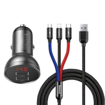 BASEUS autós töltő 2 USB aljzat (5V / 4800mA, 24W + kábel 3in1 USB - lightning 8pin / microUSB / Type-C, 120cm) SZÜRKE Apple iPhone 7 4.7, Apple iPhone 7 Plus 5.5, Evolveo Strongphone Q5, Blackbe kép