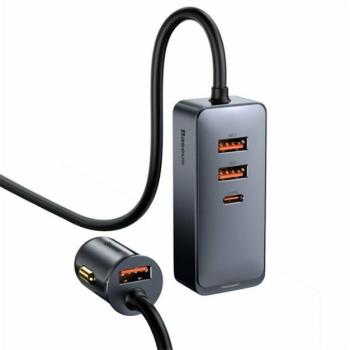 BASEUS autós töltő 3 USB+Type-C aljzat (120W, PD gyorstöltő + 1.5m hosszabbító) SZÜRKE kép