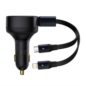 BASEUS autós töltő USB aljzat (5V / 3A, 30W, PD gyorstöltés támogatás + beépített Type-C / lightning 8pin kábel) FEKETE Apple iPhone 7 4.7, Apple iPhone 7 Plus 5.5, Asus Zenfone 3 5.5 (ZE552 kép
