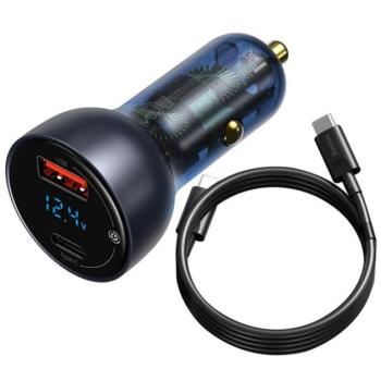 BASEUS autós töltő USB / Type-C aljzat (20V / 3.25A, 65W, PD gyorstöltés támogatás, QC 3.0 + Type-C kábel) SÖTÉTKÉK kép