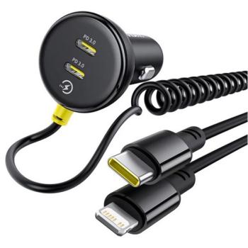BASEUS autós töltő USB+Type-C aljzat (27W, PD gyorstöltő, + fix spirál Type-C - lightning kábel) FEKETE kép