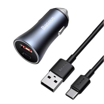 BASEUS autós töltő USB / Type-C aljzat (5V / 3000mA, 40W, PD gyorstöltés tám., LED jelzés + Type-C kábel) SZÜRKE Asus Zenfone 3 5.5 (ZE552KL), Honor 8, Sony Xperia X Compact (F5321), Sony Xpe kép