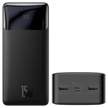 BASEUS BIPOW OE vésztöltő 2 USB+Type-C+microUSB aljzat (30000mAh, 15W, PD gyorstöltő, LED kijelző) FEKETE kép