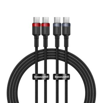 BASEUS CAFULE adatkábel 2db (Type-C - Type-C, 100W, PD gyorstöltő, 200cm, cipőfűző) SÖTÉTSZÜRKE/PIROS kép