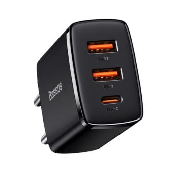 Baseus Compact gyorstöltő adapter 30W USB-C + 2XUSB-A, fekete kép