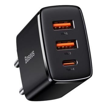 BASEUS COMPACT hálózati töltő 2 USB aljzat / Type-C aljzat (5V / 3000 mA, 20W, QC 3.0, PD gyorstöltés támogatás) FEKETE CAT S60, Apple iPhone 7 4.7, Apple iPhone 7 Plus 5.5, Evolveo Strongphon kép