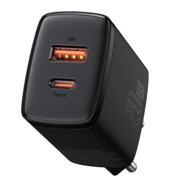 BASEUS COMPACT hálózati töltő USB / Type-C aljzat (5V / 3000mA, 20W, PD gyorstöltés támogatás) FEKETE Apple iPhone 7 4.7, Apple iPhone 7 Plus 5.5, Asus Zenfone 3 5.5 (ZE552KL), Honor 8, Sony X kép