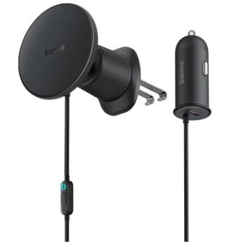 Baseus CW01 USB-C mágneses autós telefontartó autós töltővel, szellőzőrácsra, 15W + 25W, fekete kép