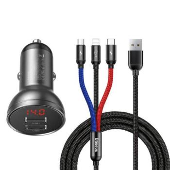 Baseus digitális kijelzősss Dual USB autós töltő 4.8a pont 24W + 3in1 USB - UBS Type-C USB-C / micro USB / Lightning 1,2m kábel fekete (TZCCBX-0G) kép