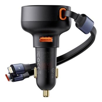 BASEUS ENJOYMENT autós töltő USB aljzat (5V/3A, 60W, PD gyorstöltés támogatás + Type-C / lightning 8pin kábel) FEKETE kép