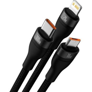 Baseus Flash Type-/USB-A - microUSB/Lightning/Type-C kábel PD QC 5A 100 W 1.2m - fekete kép