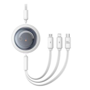 BASEUS FREE2DRAW adatkábel 3in1 (USB - lightning/microUSB/Type-C, 100W, gyorstöltő, 110cm, csévélhető) FEHÉR kép