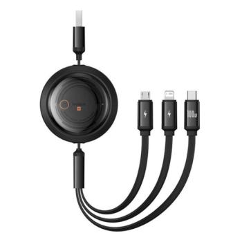 BASEUS FREE2DRAW adatkábel 3in1 (USB - lightning/microUSB/Type-C, 100W, gyorstöltő, 110cm, csévélhető) FEKETE kép