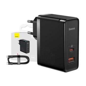 Baseus GaN USB-C + USB-A töltő adapter + 1m USB-C kábel, 100W, fekete kép