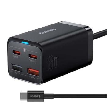 BASEUS GaN3 hálózati elosztó 2 USB / 2 Type-C aljzat (65W, QC, PD gyorstöltés támogatás + Type-C - Type-C kábel) FEKETE Asus Zenfone 3 5.5 (ZE552KL), Honor 8, Sony Xperia X Compact (F5321), So kép