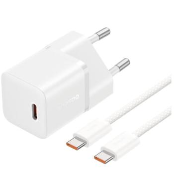 Baseus GaN5 Mini USB-C hálózati gyorstöltő adapter 20W, + USB-C-USB-C fonott kábel, 100W, fehér kép