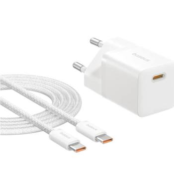 Baseus GaN5 Mini USB-C hálózati gyorstöltő adapter 25W, + USB-C-USB-C fonott kábel, 100W, fekete kép