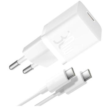 Baseus GaN5 Mini USB-C hálózati gyorstöltő adapter 30W, + USB-C-USB-C fonott kábel, 100W, fehér kép
