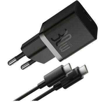 Baseus GaN5 Mini USB-C hálózati gyorstöltő adapter 30W, + USB-C-USB-C fonott kábel, 100W, fekete kép