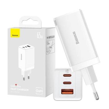 Baseus GaN5 Pro hálózati töltő 2xUSB-C + USB-A, USB-C-USB-C kábellel, 65W, fehér kép