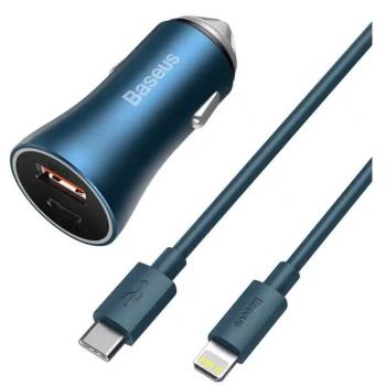 Baseus Golden Contactor Pro USB-A-USB-C autós gyorstöltő 40W + USB-C-Lightning kábel, 20W, 1m, kék kép