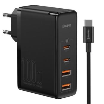 BASEUS hálózati töltő 2 USB+2 Type-C aljzat (100W, GaN2, PD gyorstöltő 4.0 + Type-C kábel) FEKETE kép