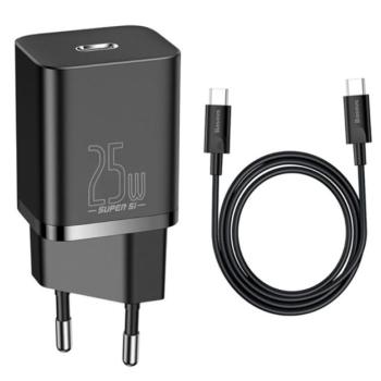 BASEUS hálózati töltő Type-C aljzat (10V / 3000mA, 25W, PD gyorstöltés támogatás + Type-C kábel) FEKETE Asus Zenfone 3 5.5 (ZE552KL), Honor 8, Sony Xperia X Compact (F5321), Sony Xperia XZ (F kép