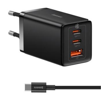 BASEUS hálózati töltő USB+2 Type-C aljzat (5A, 65W, PD gyorstöltő + Type-C kábel) FEKETE kép