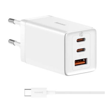 BASEUS hálózati töltő USB+2 Type-C aljzat (65W, PD gyorstöltő + Type-C kábel) FEHÉR kép