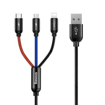 Baseus három alapszín USB - micro USB / Lightning / USB - C kábel Nylon zsinór 3.5A 1,2m fekete (CAMLT - BSY01) kép
