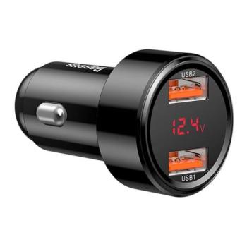 BASEUS MAGIC autós töltő 2 USB aljzat (5V / 3000mA, 45W, gyorstöltés támogatás, LED kijelző) FEKETE CAT S60, Apple iPhone 7 4.7, Apple iPhone 7 Plus 5.5, Evolveo Strongphone Q5, Blackberry DTE kép
