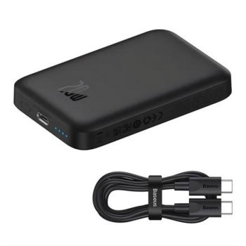 BASEUS MAGNETIC MINI AIR vésztöltő Type-C aljzat (6000mAh, 20W, gyorstöltő, wireless, MagSafe + Type-C kábel) FEKETE kép