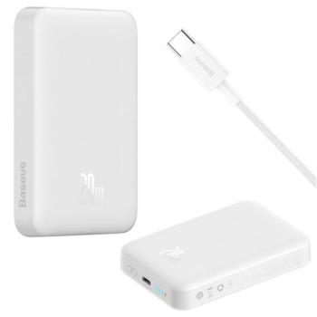 BASEUS MAGNETIC MINI OS vésztöltő Type-C aljzat (10000 mAh, 20W, vezeték nélküli töltés, Magsafe + Type-C kábel) FEHÉR kép