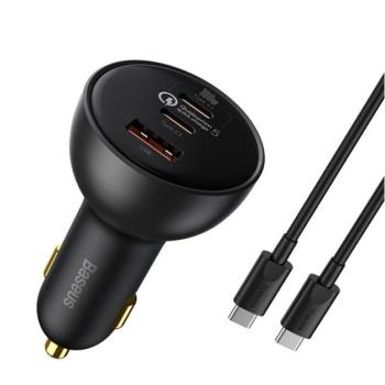 BASEUS QUALCOMM autós töltő USB / 2 Type-C aljzat (20V / 5A, 100W, PD gyorstöltés, QC 5.0 + Type-C kábel) FEKETE Asus Zenfone 3 5.5 (ZE552KL), Honor 8, Sony Xperia X Compact (F5321), Sony Xperia kép