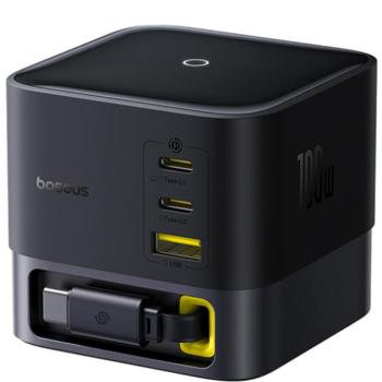 Baseus Super GaN 3xUSB-C-USB-A töltőállomás behűzható kábellel, 100W, fekete kép
