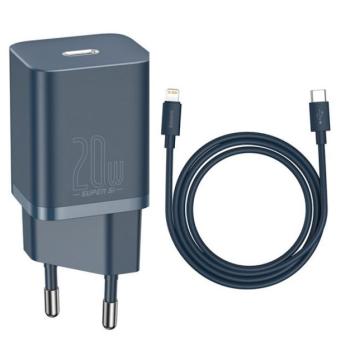 BASEUS SUPER SI hálózati töltő Type-C aljzat (5V / 3000mA, 20W, PD gyorstöltés + Type-C - lightning 8pin kábel) KÉK Apple iPhone 7 4.7, Apple iPhone 7 Plus 5.5, Apple IPAD mini 4, Apple IPAD P kép