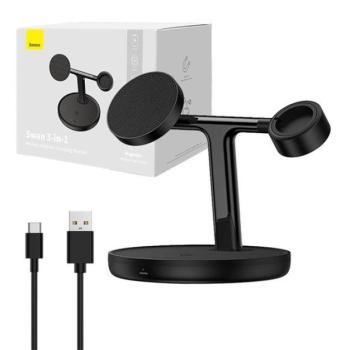 Baseus Swan 3in1 MagSafe vezeték nélküli töltő, 15W, fekete kép