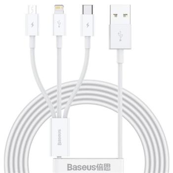BASEUS töltőkábel 3in1 (USB - lightning 8pin / microUSB / Type-C, nylon, 150cm) FEHÉR Apple iPhone 7 4.7, Apple iPhone 7 Plus 5.5, Asus Zenfone 3 5.5 (ZE552KL), Honor 8, Sony Xperia X Compact (F53 kép