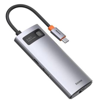 BASEUS Type-C HUB 6in1 (aktív, elosztó, HDMI+3 USB+Type-C+RJ45 aljzat, PD gyorstöltő) SZÜRKE kép
