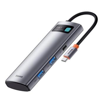 BASEUS Type-C HUB 7in1 (aktív, elosztó, 2 USB+2 Type-C+HDMI 4K aljzat, SD/microSD kártyaolvasó) VILÁGOSSZÜRKE kép