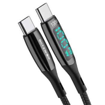 BLITZWOLF adatkábel és töltő (Type-C - Type-C, 100W, gyorstöltés támogatás, QC 3.0, 180cm, LED jelzés) FEHÉR kép