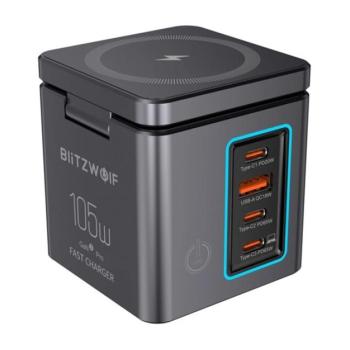 BLITZWOLF asztali töltőállvány USB+3 Type-C (105W, gyorstöltő, wireless, MagSafe, Airpods, Apple Watch töltő) FEKETE kép