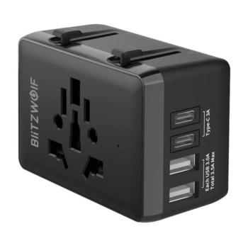 BLITZWOLF BW-TA1 utazó töltő 2 USB+2 Type-C aljzat (20W, GaN, PD gyorstöltés, EU, UK, US, AU) FEKETE kép