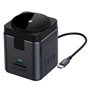 BLITZWOLF Type-C HUB 9in1 (elosztó, 100W, 3 USB+Type-C+RJ45+HDMI+2 TF/SD kártya aljzat, 15W, wireless) FEKETE kép